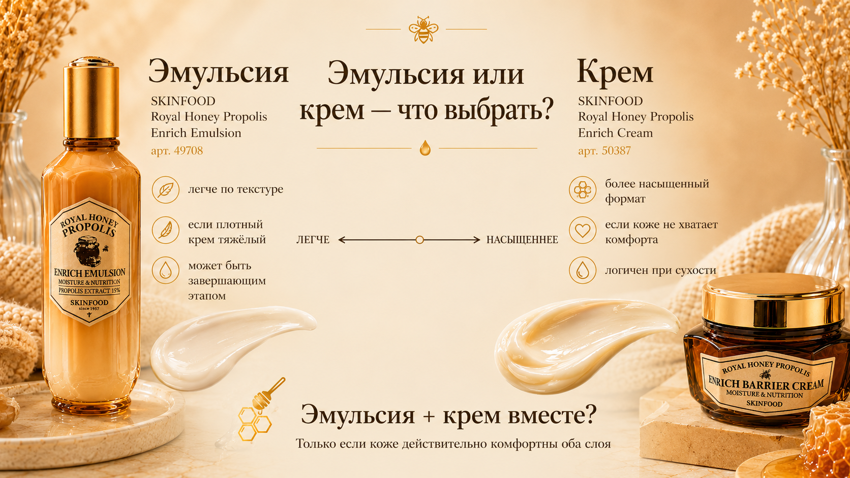 Эмульсия или крем: сравнение SKINFOOD Royal Honey Propolis Enrich Emulsion и Enrich Cream по текстуре и роли в уходе — от более лёгкого к более насыщенному формату.
