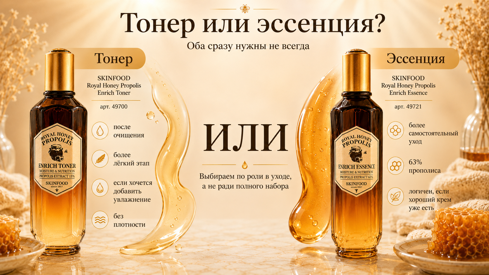 Тонер или эссенция: сравнение SKINFOOD Royal Honey Propolis Enrich Toner и Enrich Essence — лёгкий первый этап после очищения против более самостоятельного промежуточного ухода.
