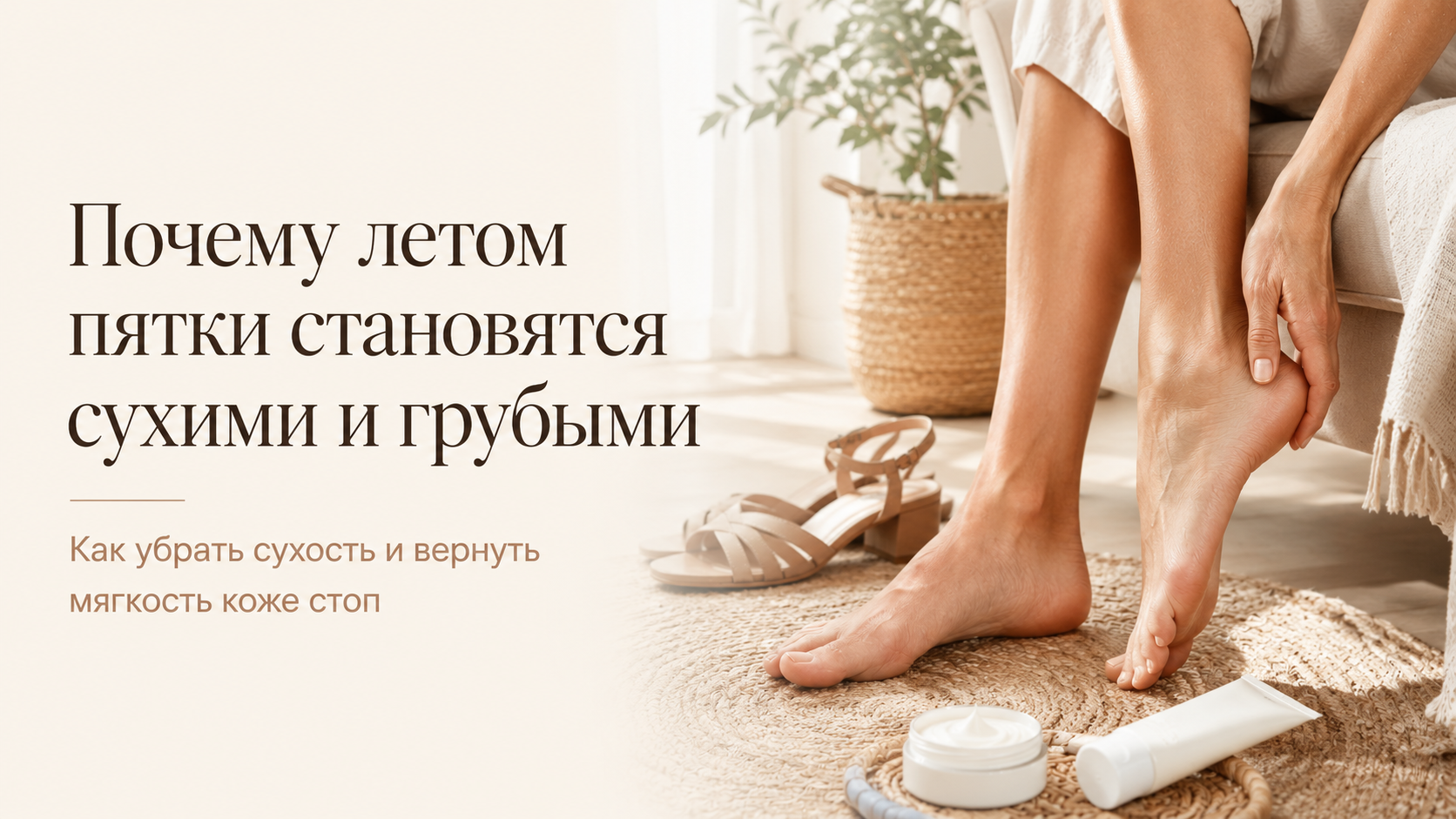 Обложка статьи о причинах сухости и огрубения пяток летом. Натуральный домашний уход за кожей стоп, увлажнение и способы сохранить мягкость ног при ношении открытой обуви.