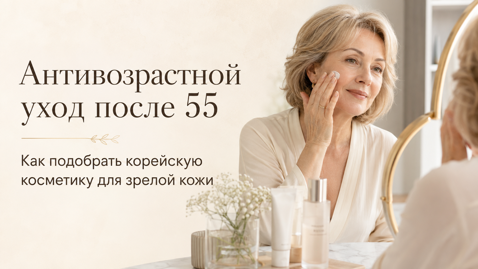 Корейская косметика для зрелой кожи после 55: уход за лицом, увлажнение и антивозрастная система ухода. Женщина 55+ использует крем и средства ухода у зеркала.