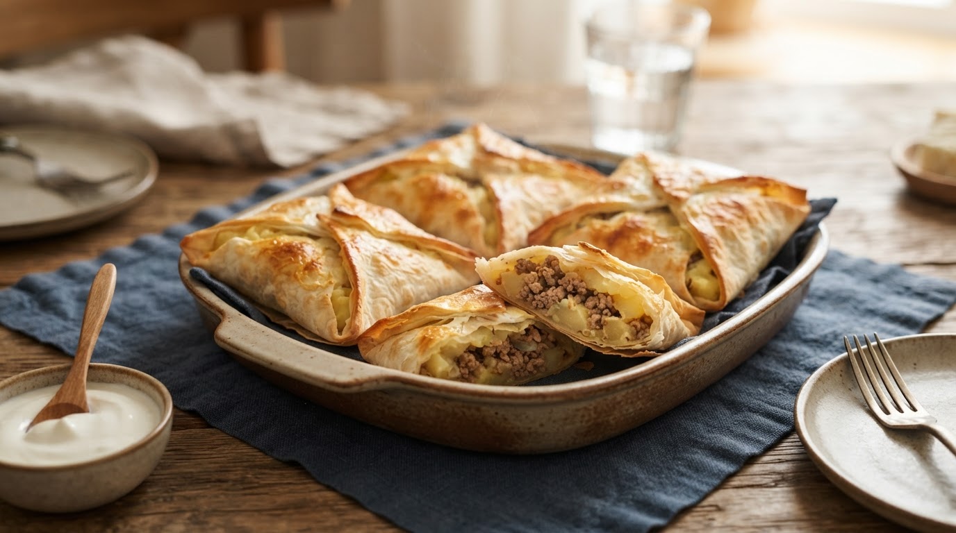 Мясные «Конверты» из лаваша с картофельным пюре и фаршем