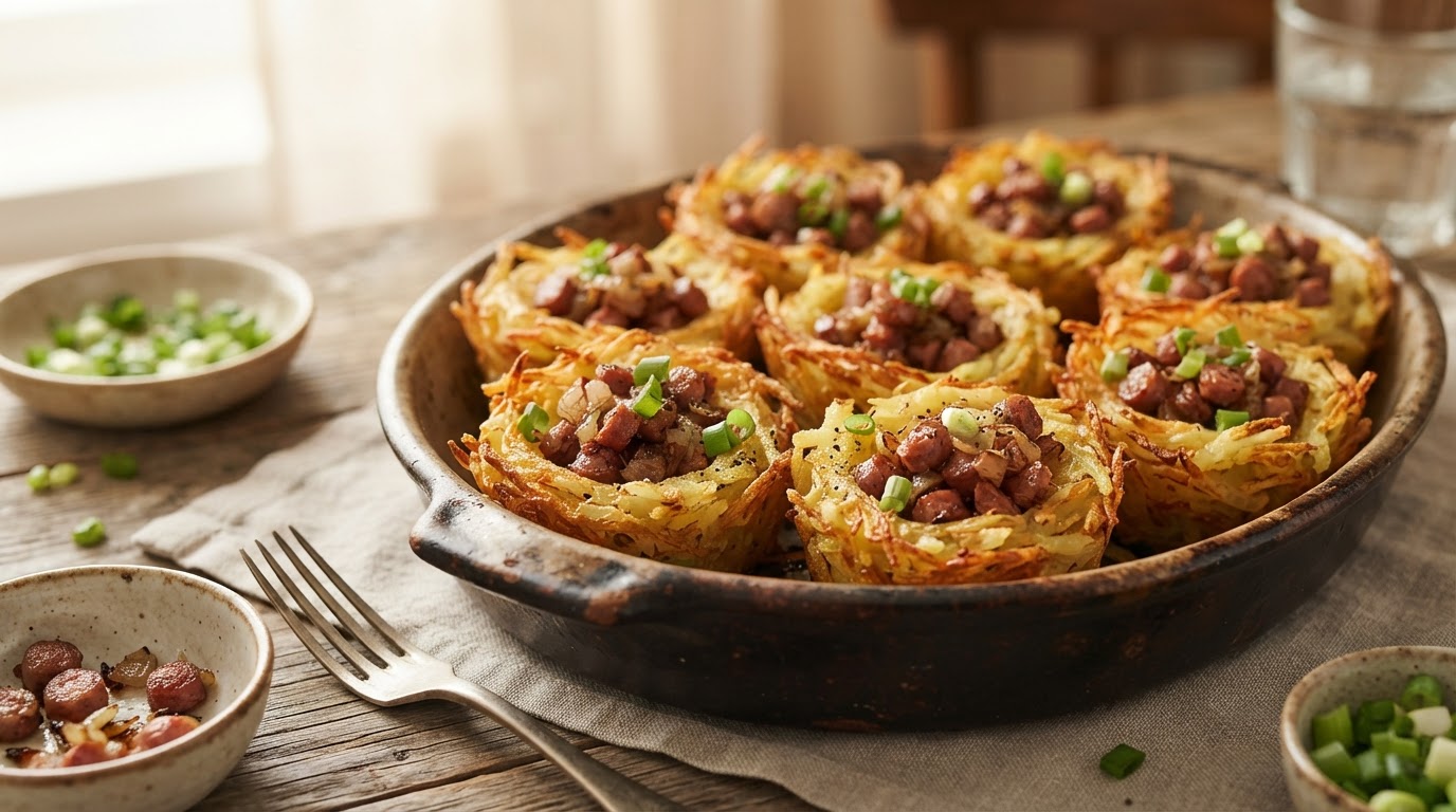 Картофельные «Гнезда» с охотничьими колбасками