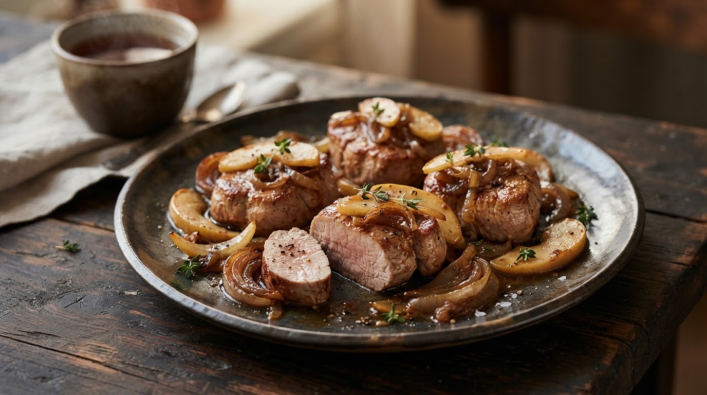 Мясные «Медальоны» из свинины с карамелизованным луком и яблоком