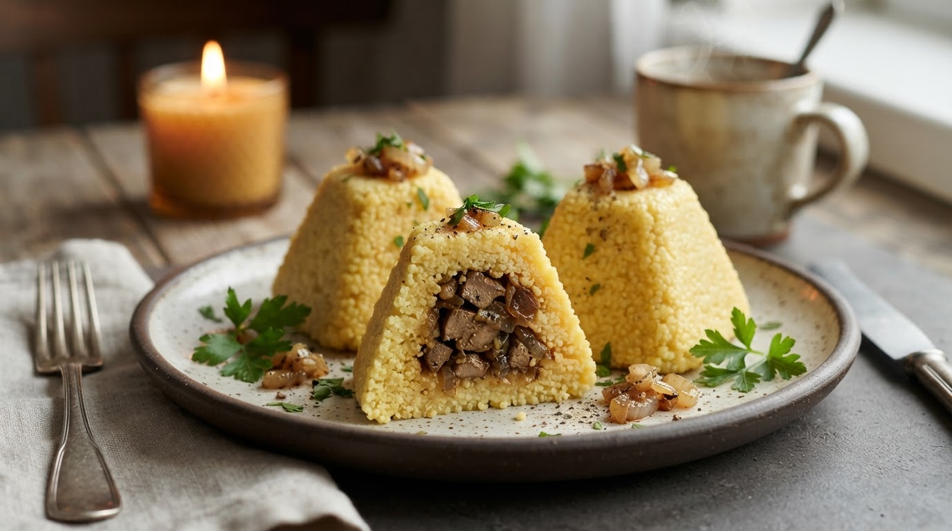 Пшенные «Пирамидки» с куриной печенью и карамелизированным луком