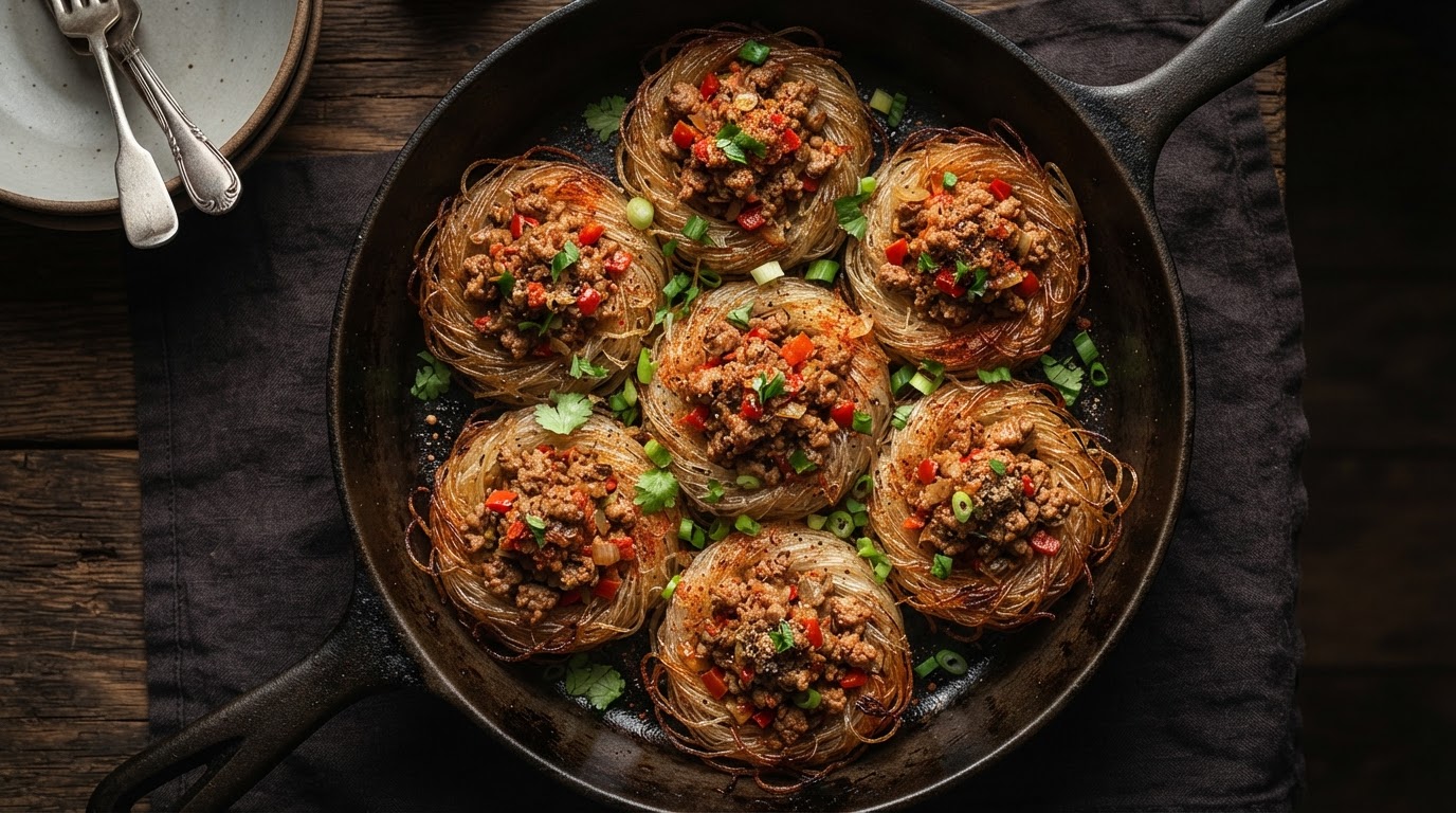 Мясные «Гнезда» из фунчозы с запеченным фаршем
