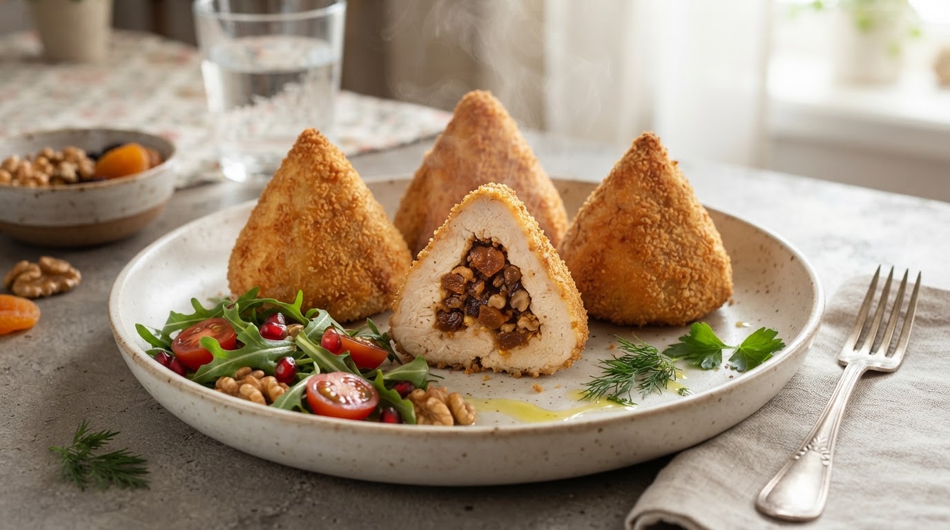 Мясные «Пирамидки» из филе индейки с начинкой из кураги и грецкого ореха
