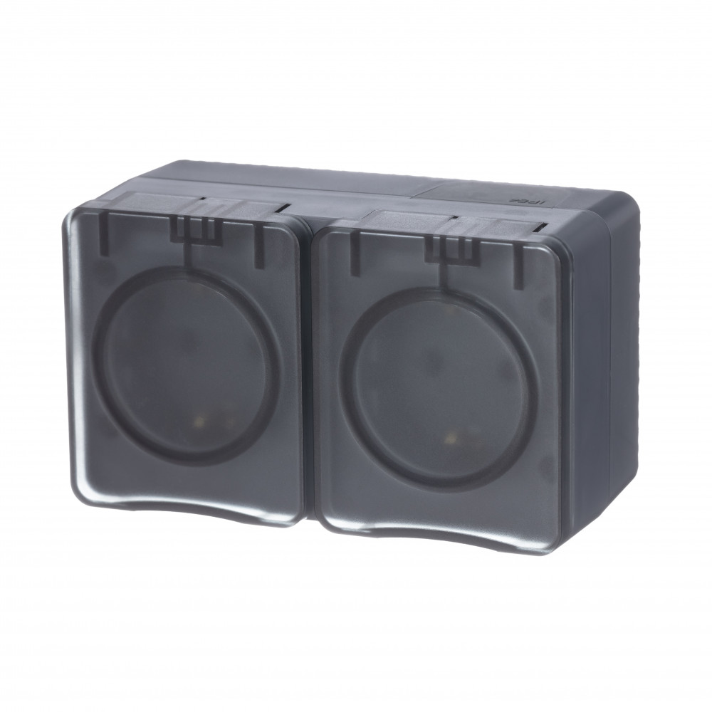 AtlasDesign Profi54 розетка двойная с заземлением со шторками IP54 16А 250B, антрацит, Россия