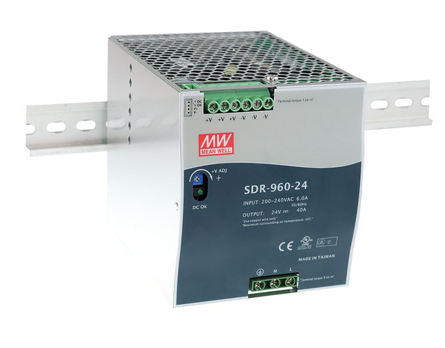 Блок питания AC-DC, 960Вт, ККМ, вход 180-264В AC, 47-63Гц,254-370В DC, выход 24В,40A, рег. вых 24-28В, в кожухе на DIN-рейку