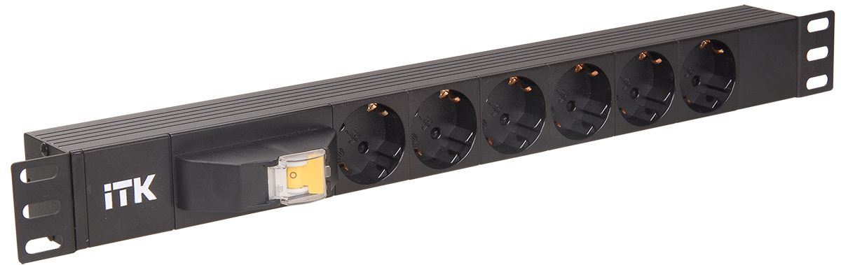 PDU 6 розеток DIN49440 (нем. станд.), с автоматом на 10А, 1U, без шнура, вх. IEC320 C14, алюминиевый профиль, черный