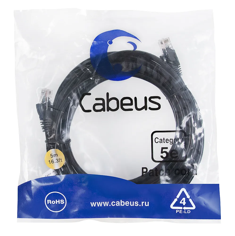 Патч-корд RJ45 UTP 5e Cabeus PC-UTP-RJ45-Cat.5e-5m-BK-LSZH LSZH черный 5 метров