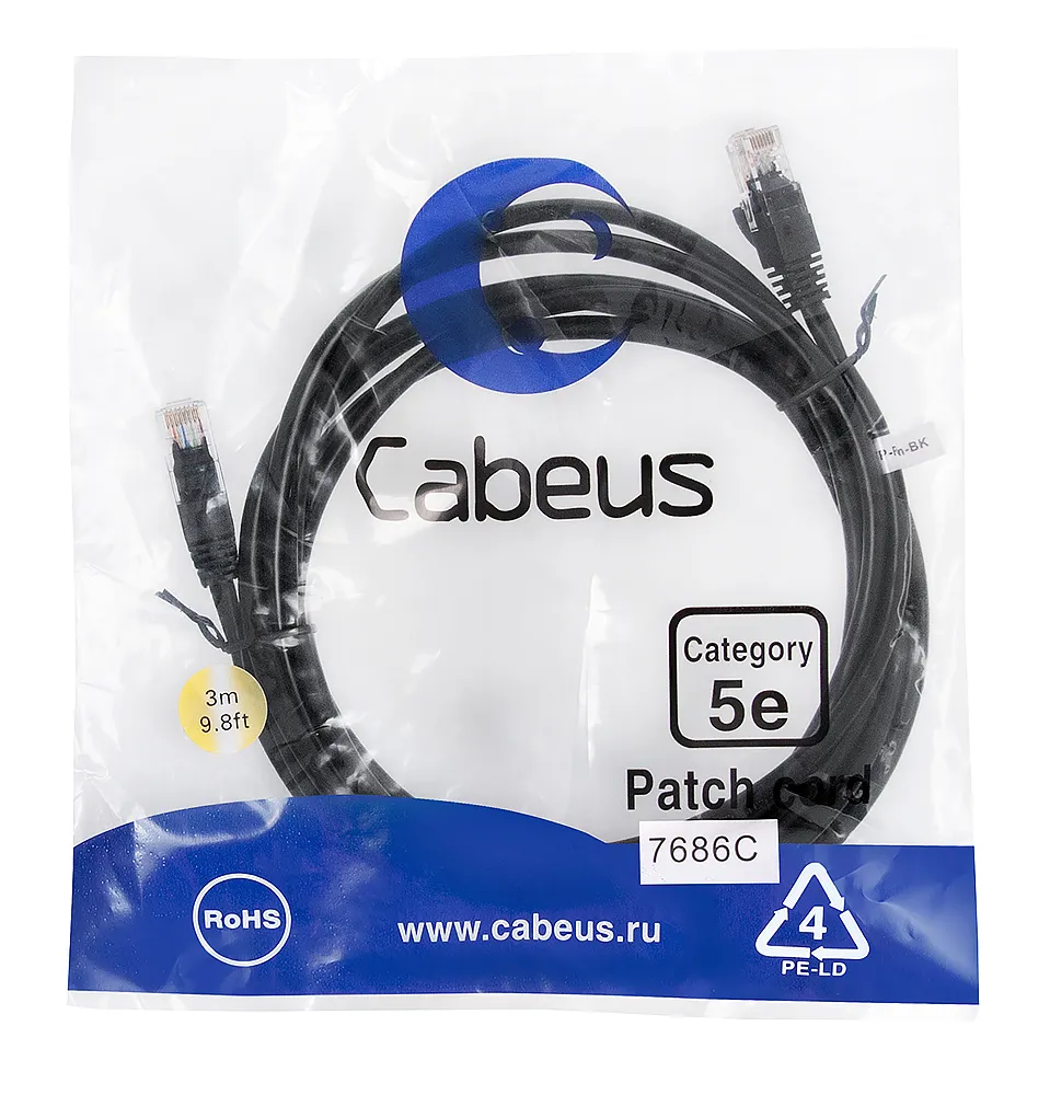 Патч-корд RJ45 UTP 5e Cabeus PC-UTP-RJ45-Cat.5e-3m-BK PVC черный 3 метра