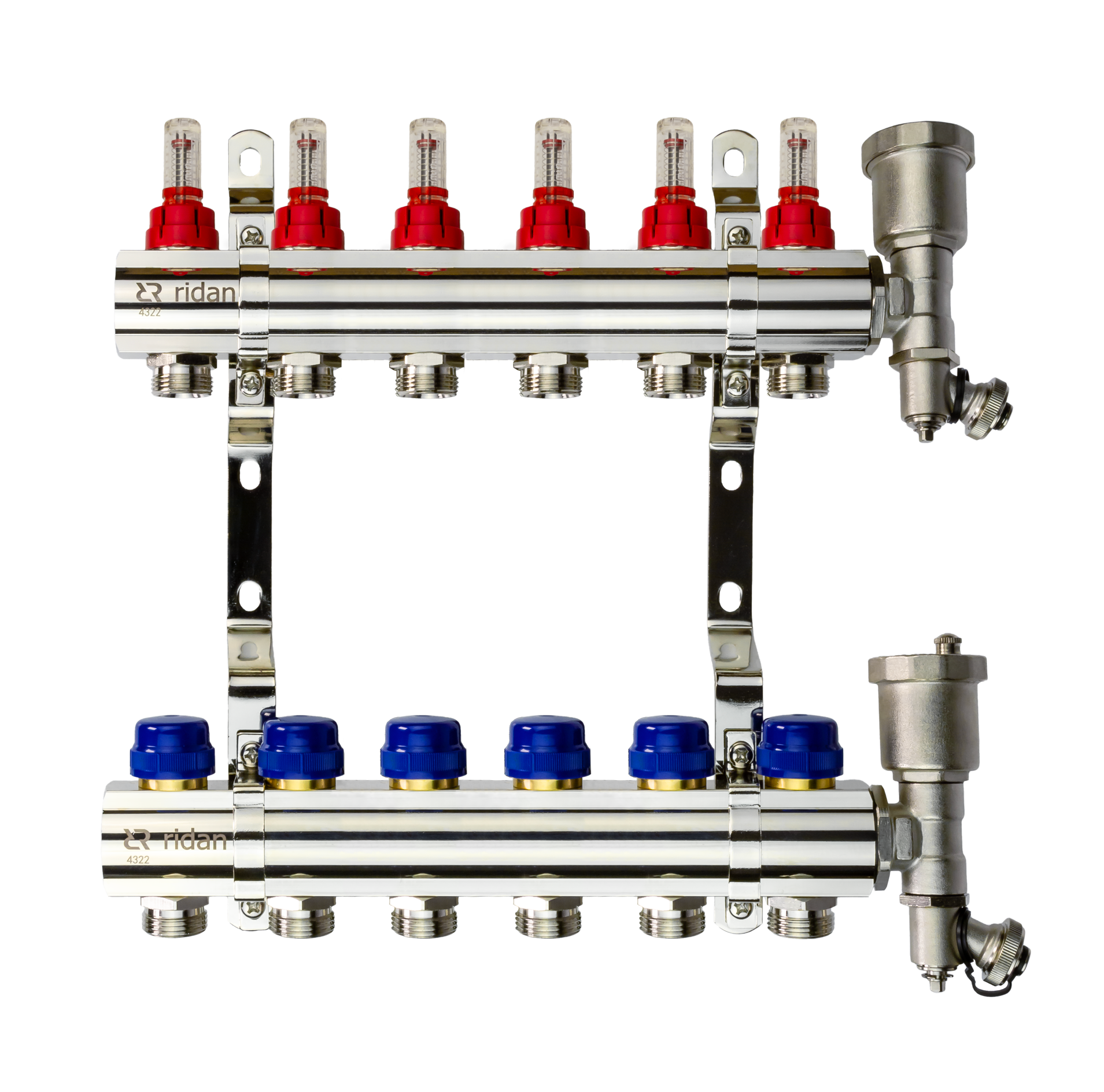 Коллекторная группа FHF-6RF set 6 контуров 1'x3/4' с расходомерами, воздухоотводчиками и кронштейнами