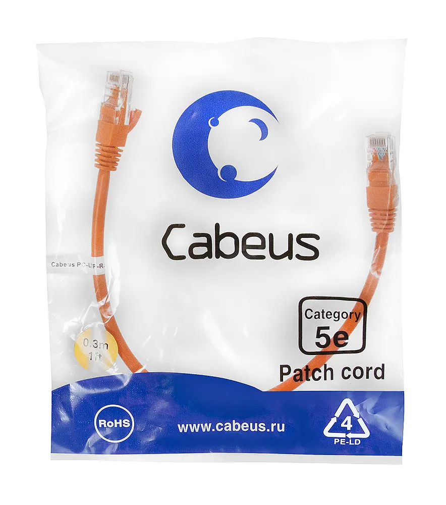 Патч-корд U/UTP Cabeus PC-UTP-RJ45-Cat.5e-0.3m-OR