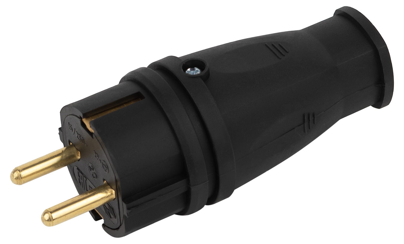 Вилка каучуковая c заземлением 16А IP44 прямая черная VX10-B-IP44
