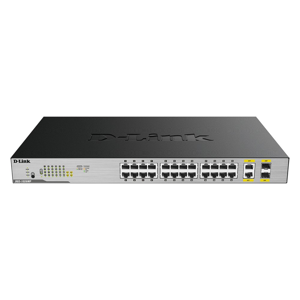 Коммутатор неуправляемый, PoE, 24x10/100/1000Base-T, 2x100/1000Base-T/SFP, 370 Вт