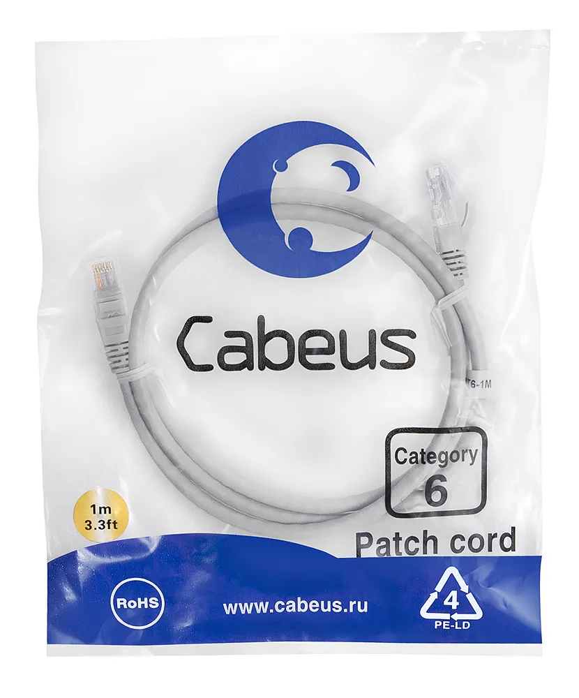 Патч-корд RJ45 UTP 6 Cabeus PC-UTP-RJ45-Cat.6-1m PVC серый 1 метр