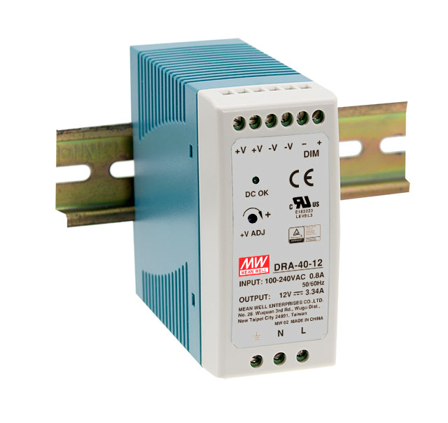 Блок питания AC-DC, 40.8Вт, на DIN рейку, вход 90-264В AC, 47-63Гц, 127-370В DC, выход 24В,1.7А, регулировка 24-30В, димминг 3 в 1, в кожухе