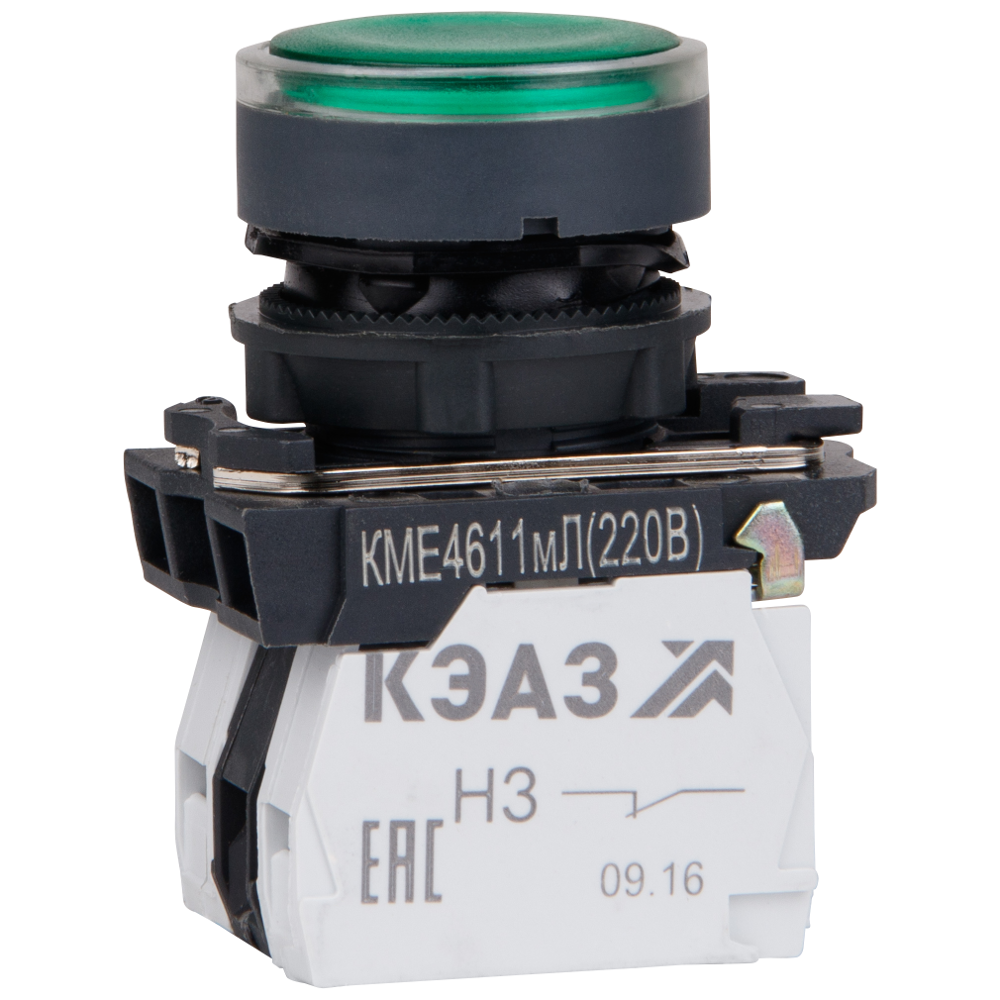 Кнопка КМЕ4611мЛ-24В-зеленый-1но+1нз-цилиндр-индикатор-IP65
