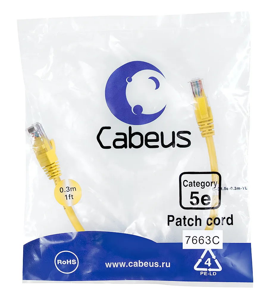 Патч-корд U/UTP Cabeus PC-UTP-RJ45-CAT.5E-0.3M-YL, категория 5e, неэкранированный, желтый, PVC, 0.3 м