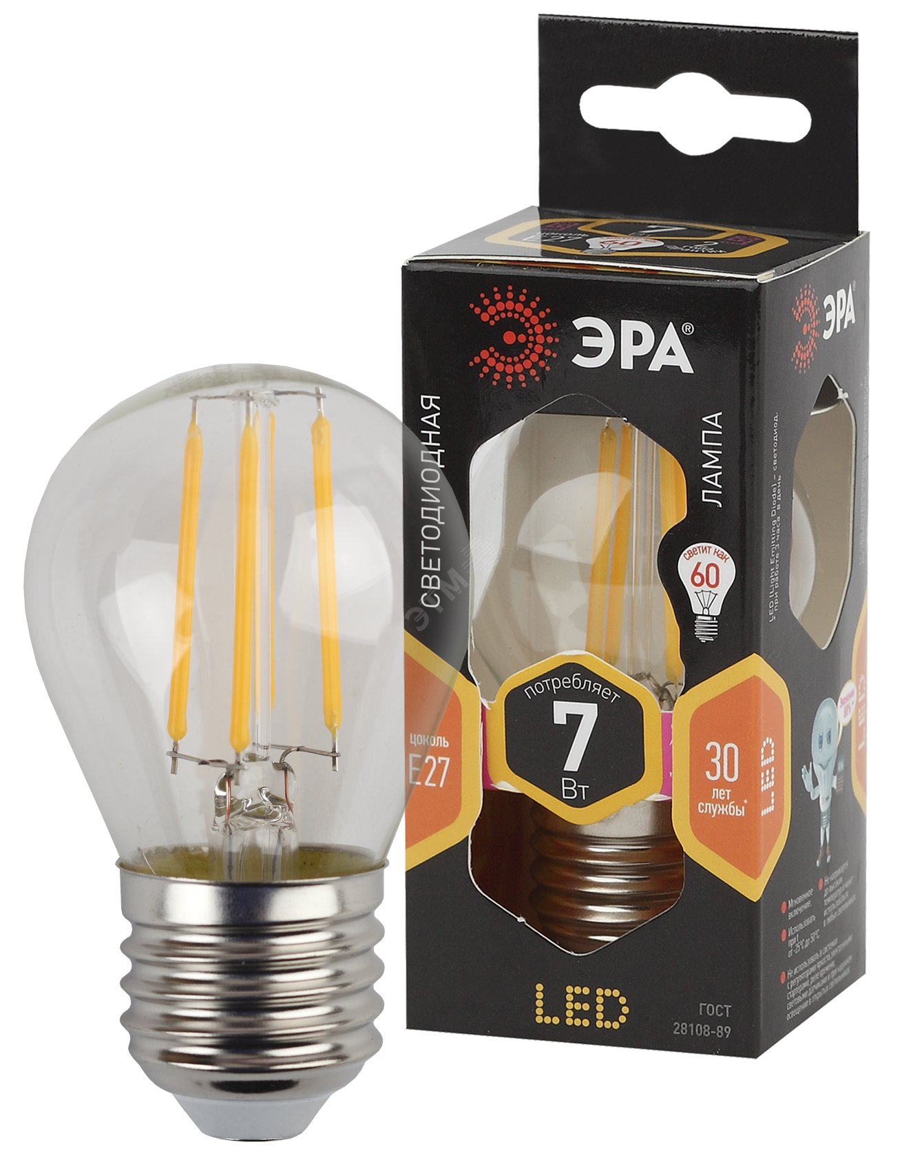 Лампа светодиодная декоративная LED 7 Вт 910Лм 2700К шар, филамент теплый E27 230В F-LED P45-7W-827-E27