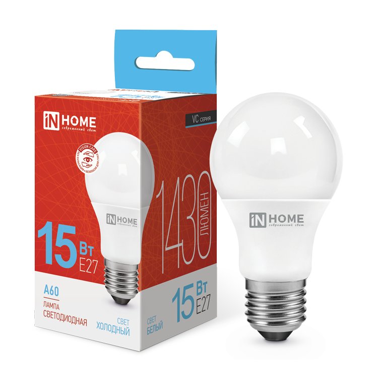 Лампа светодиодная LED-A60-VC 15Вт 230В Е27 6500К 1430Лм IN HOME