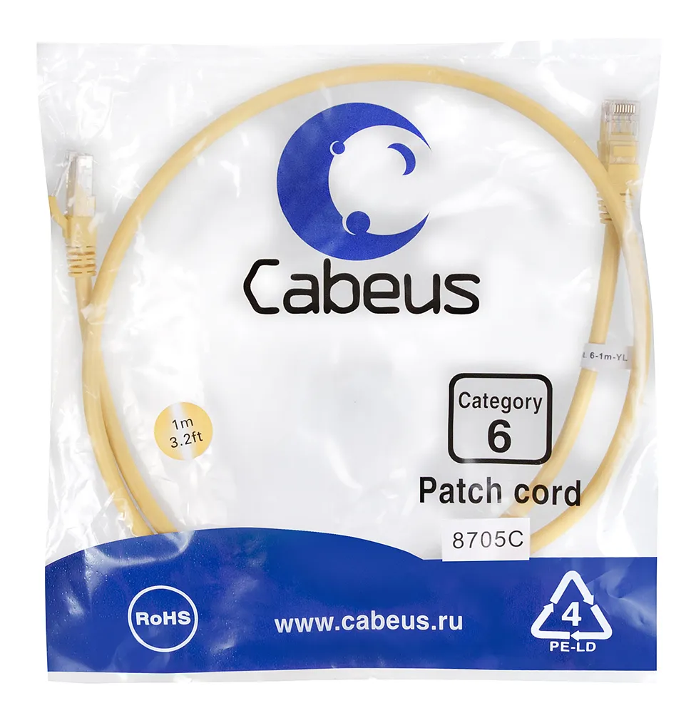Патч-корд RJ45 UTP 6 Cabeus PC-UTP-RJ45-Cat.6-1m-YL PVC желтый 1 метр