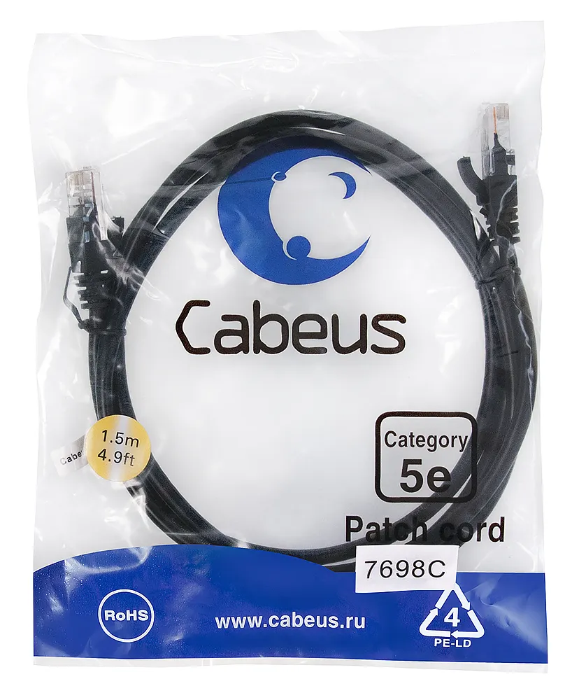 Патч-корд RJ45 UTP 5e Cabeus PC-UTP-RJ45-Cat.5e-1.5m-BK PVC черный 1.5 метра
