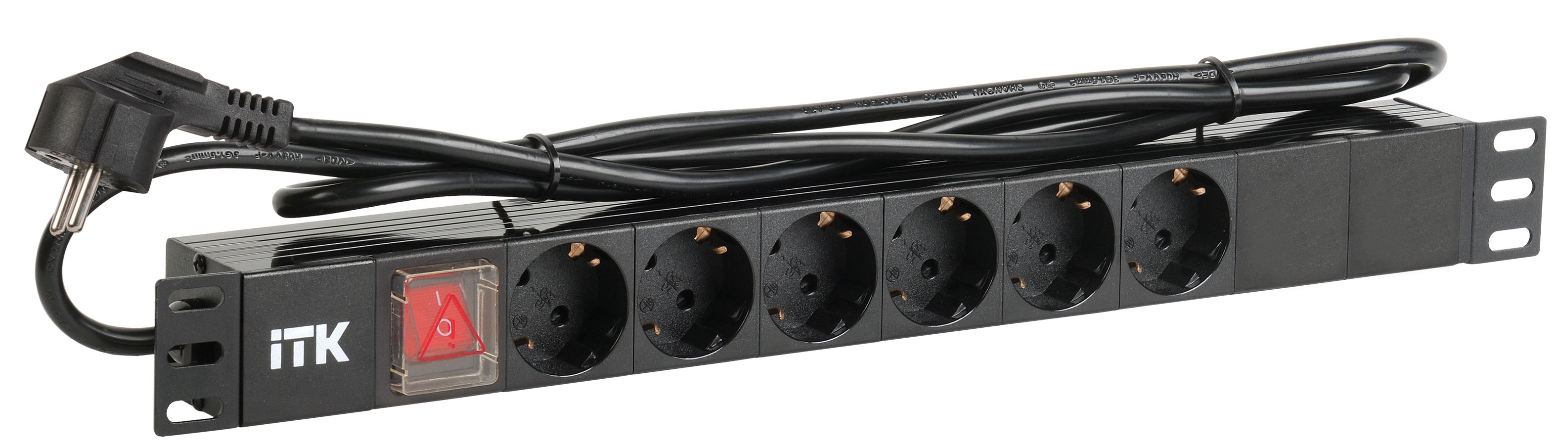 Блок розеток (PDU) 6 розеток DIN49440 с LED выключателем 1U шнур 2м вилка DIN49441 профиль из ПВХ черный (нем.станд)