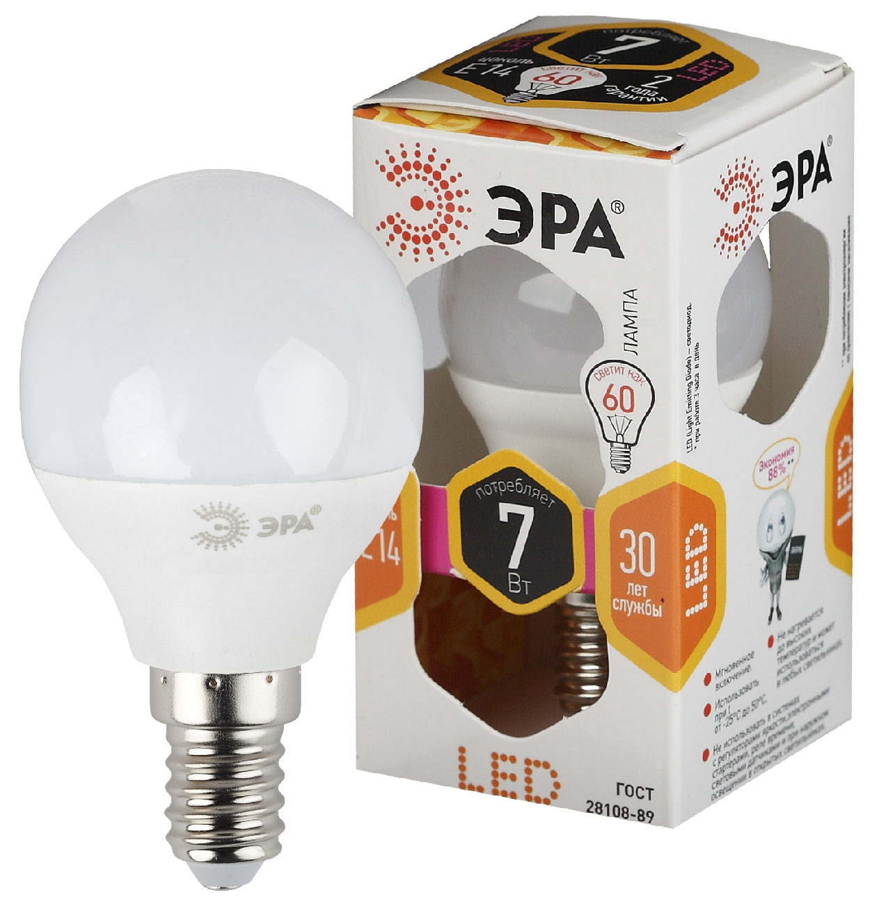 Лампа светодиодная LED 7 Вт 560Лм 2700К шар теплый E14 170-265В LED P45-7W-827-E14 Standart