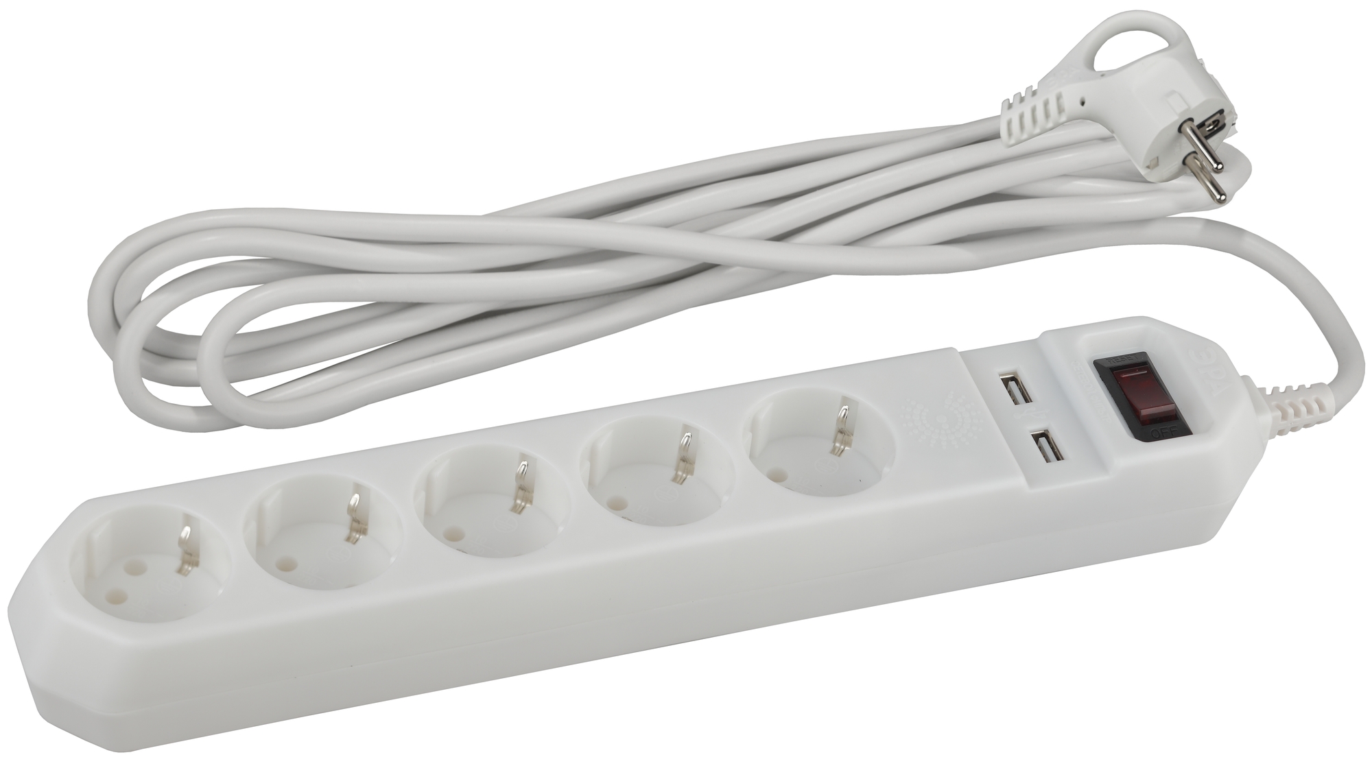 Фильтр сетевой 5х1,5м 2хUSB 10А с/з с выключателем белый