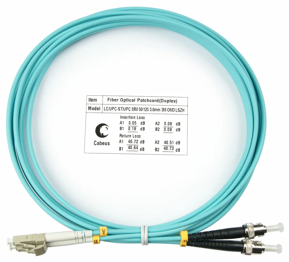 Оптический патч-корд duplex LC-ST 50/125 MM Cabeus FOP-50-LC-ST-3m 3 метра бирюзовый LSZH