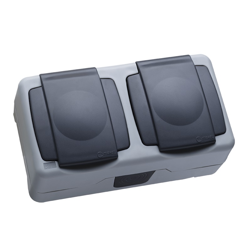 Розетка двойная герметичная с крышкой IP55 серая (пружинный зажим)