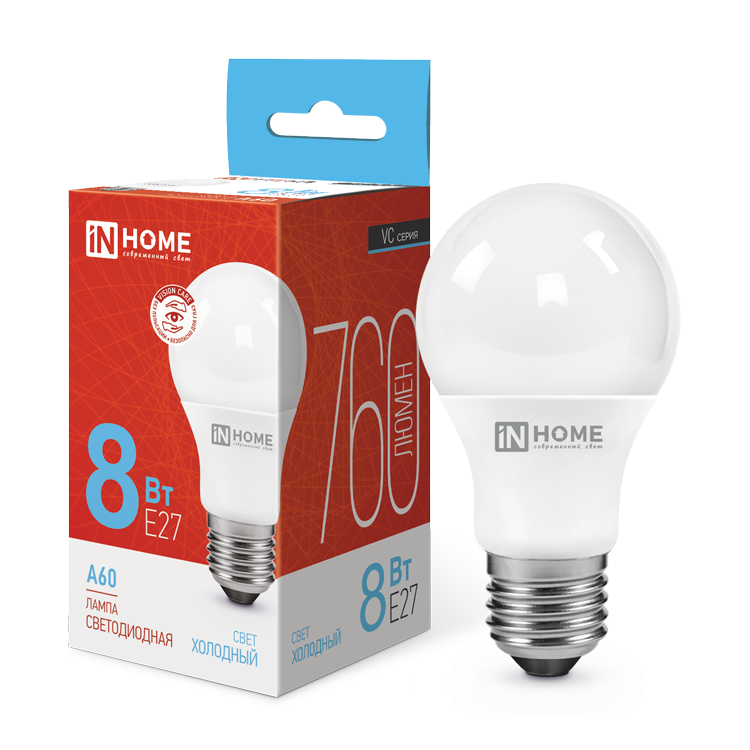Лампа светодиодная LED-A60-VC 8Вт 230В Е27 6500К 760Лм IN HOME