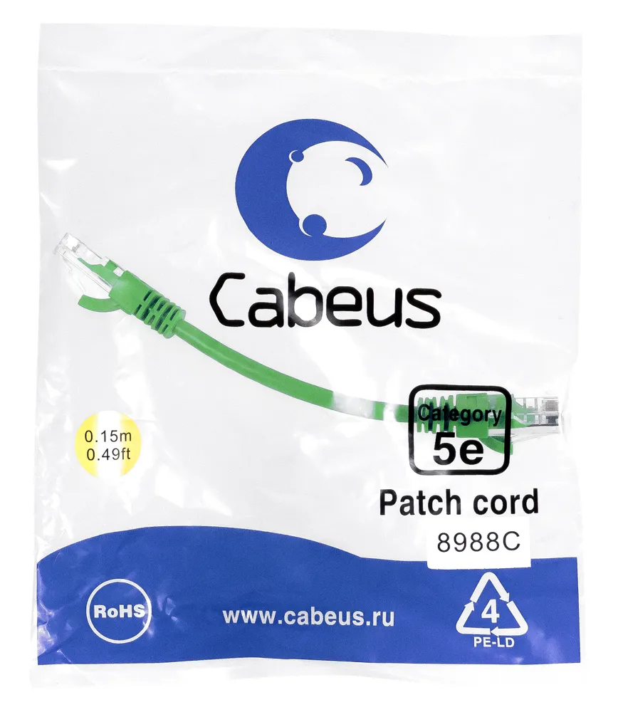 Патч-корд Cabeus RJ45 UTP 5e PC-UTP-RJ45-Cat.5e-0.15m-GN, зеленый, 0.15 метра