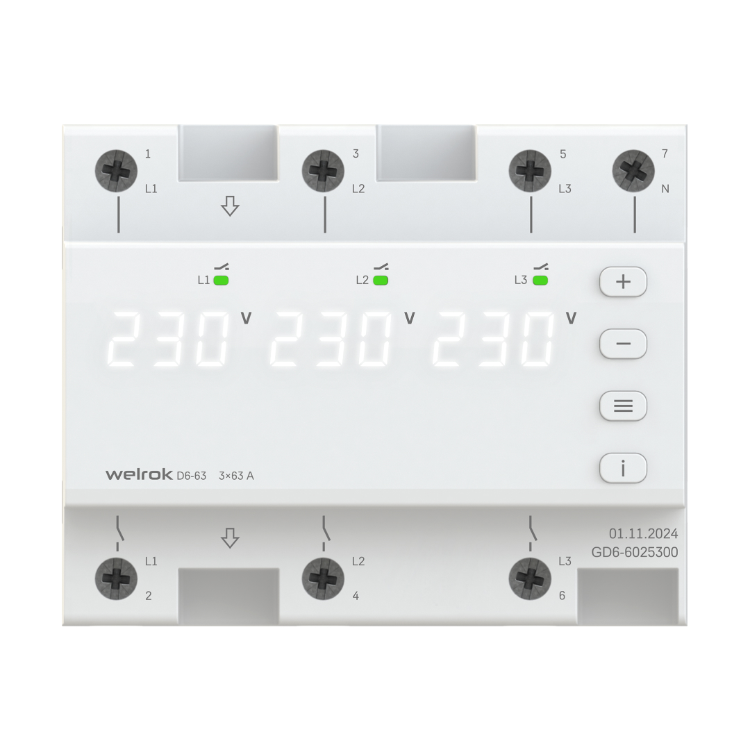 Реле напряжения трехфазное, переключение выбора режимов, 63 А, белая индикация