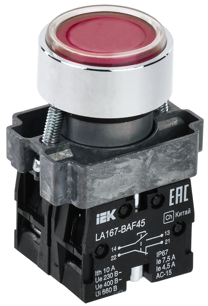 Кнопка управления LA167-BAF45 d=22мм 1NO+1NC красная