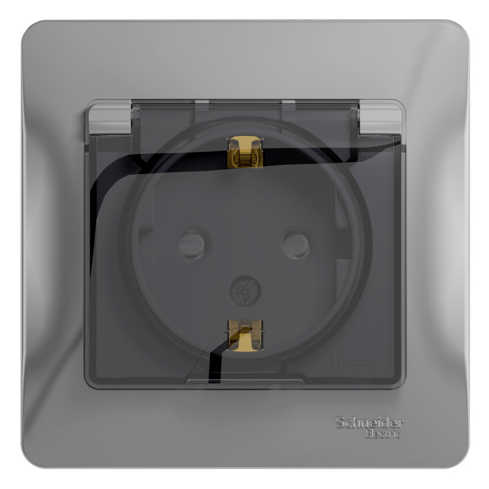 GLOSSA Розетка с заземлением со шторками с крышкой алюминий в сборе IP44