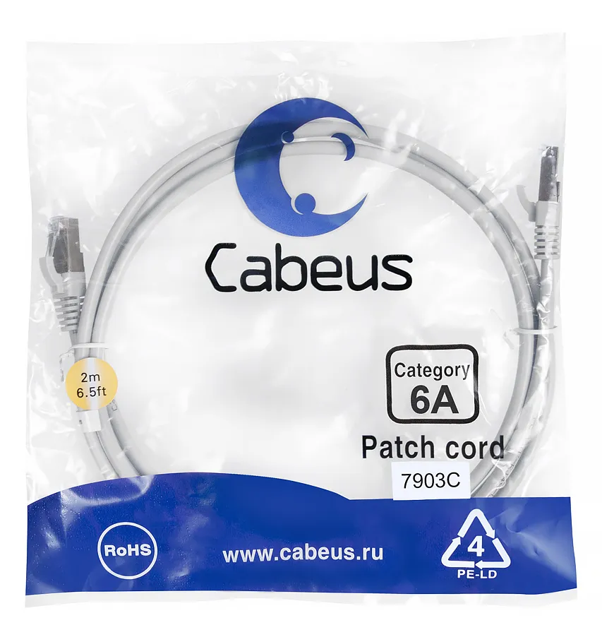 Патч-корд RJ45 S/FTP 6a Cabeus PC-SSTP-RJ45-Cat.6a-2m-LSZH LSZH серый 2 метра