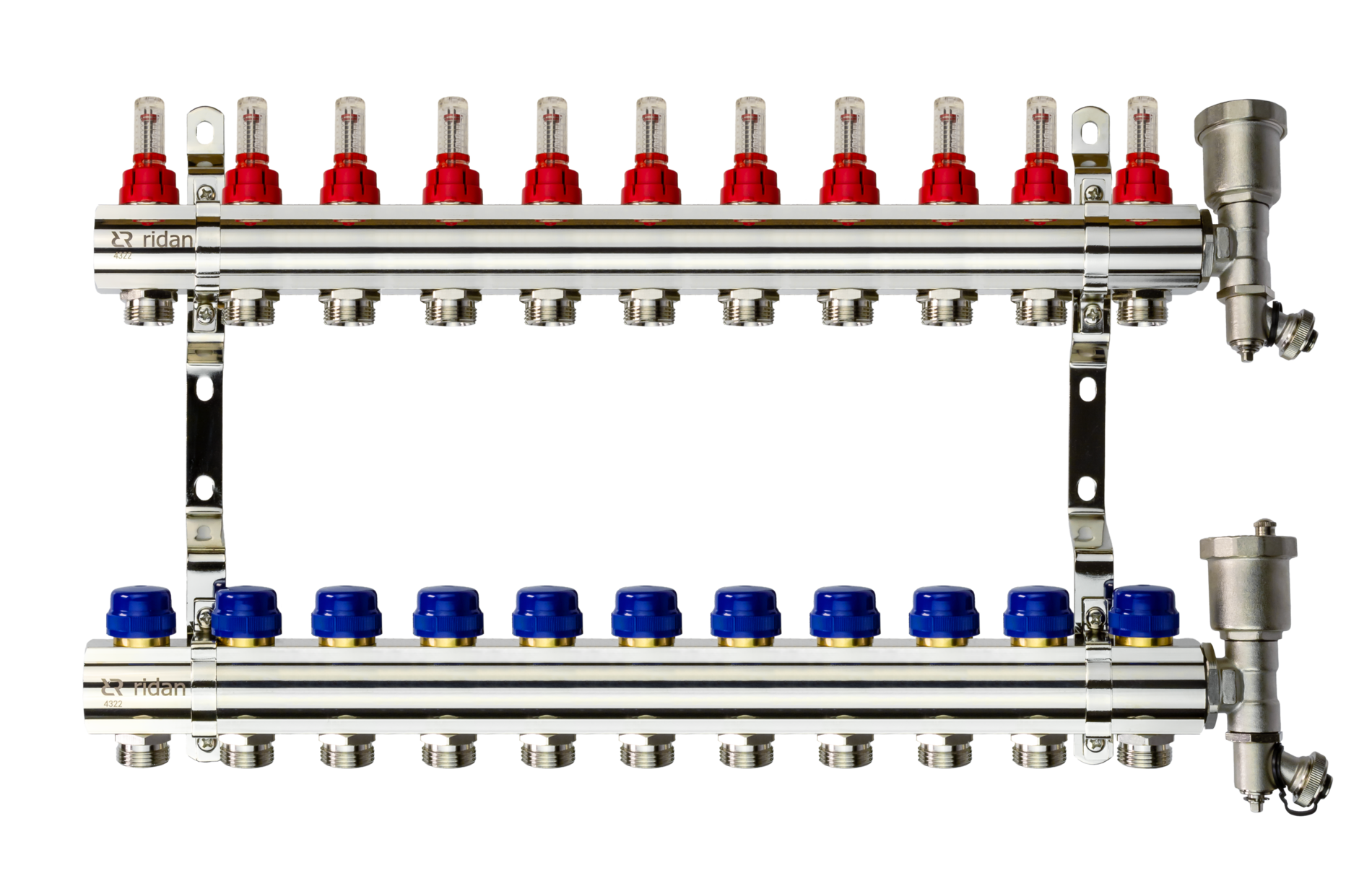 Коллекторная группа FHF-11RF set 11 контуров 1'x3/4' с расходомерами, воздухоотводчиками и кронштейнами