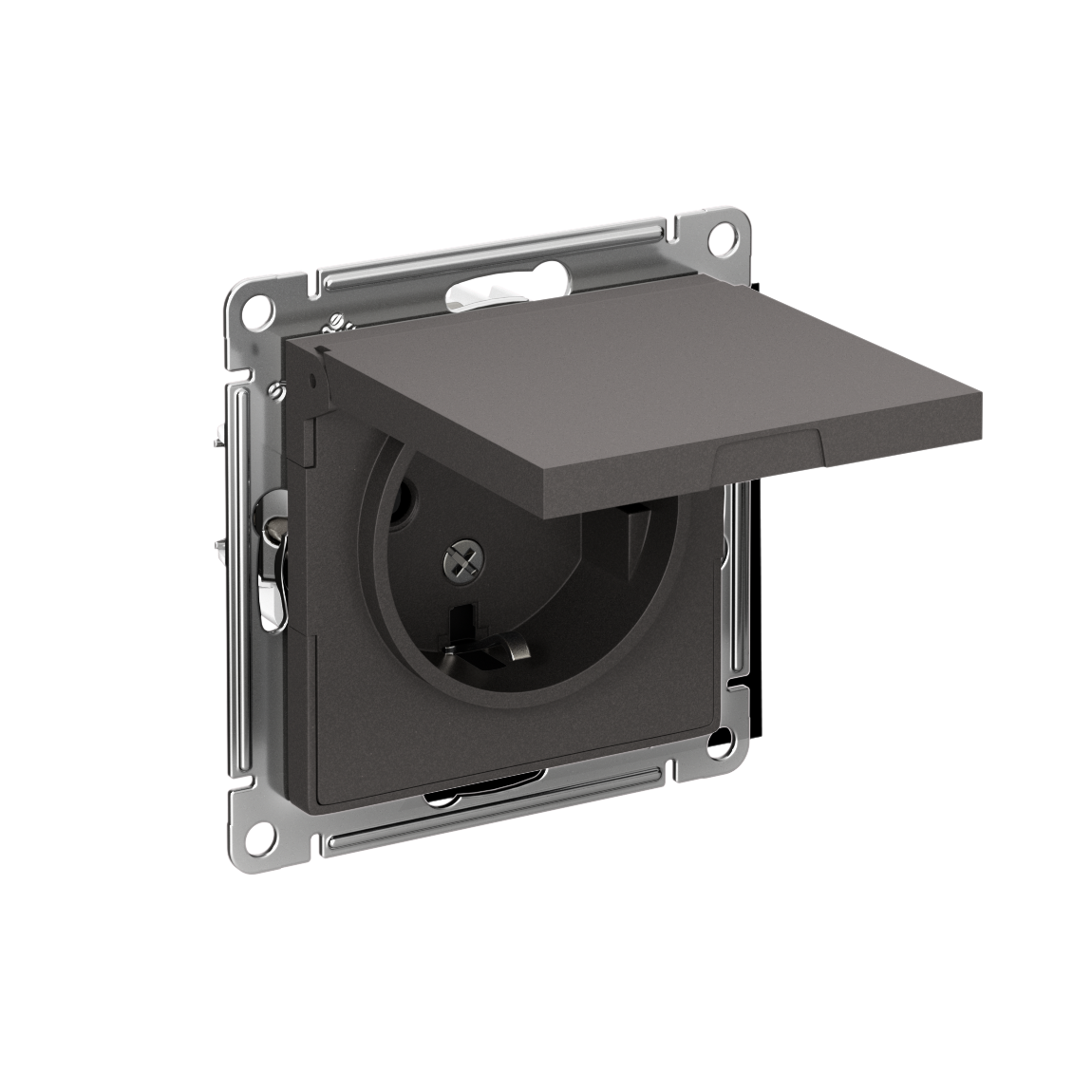 ATLASDESIGN розетка с заземл. со шторками с крышкой, 16А, IP20, механизм, базальт