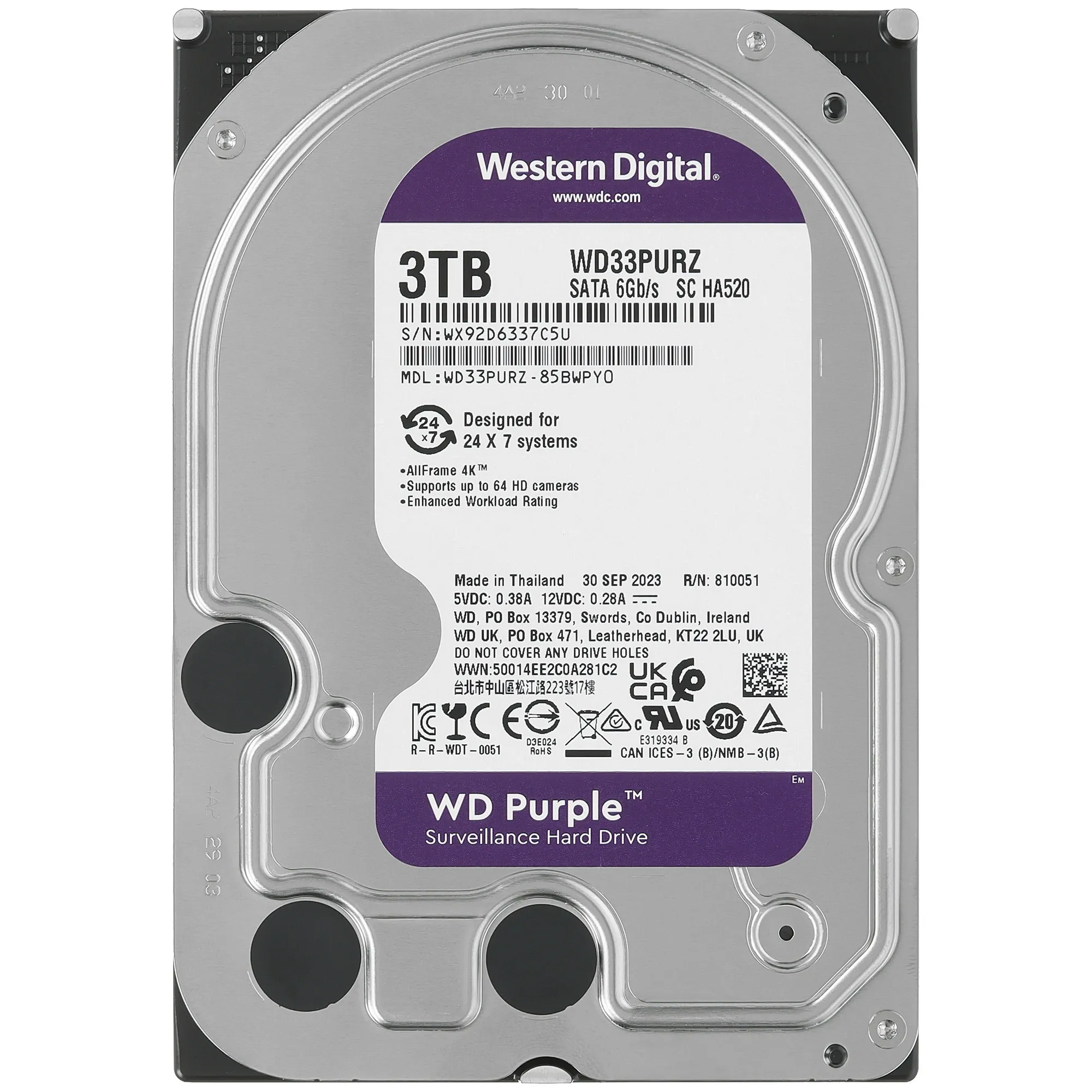 Жесткий диск WD Purple WD33PURZ, 3Тb, HDD, SATA III, 3.5"