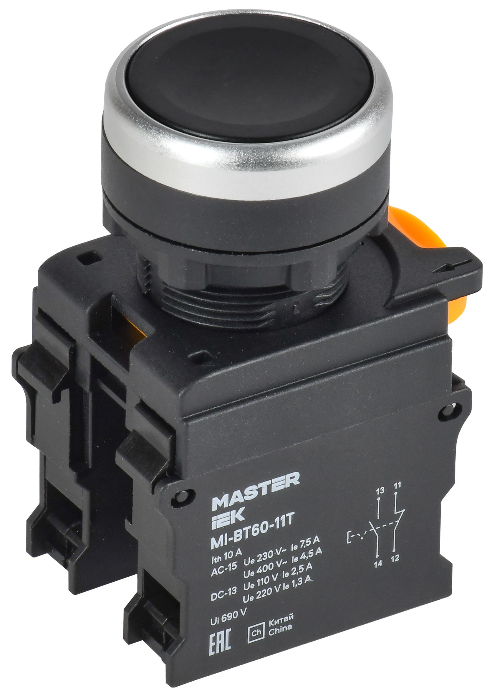 Кнопка с фиксацией d=22мм 1NO+1NC чёрная MASTER