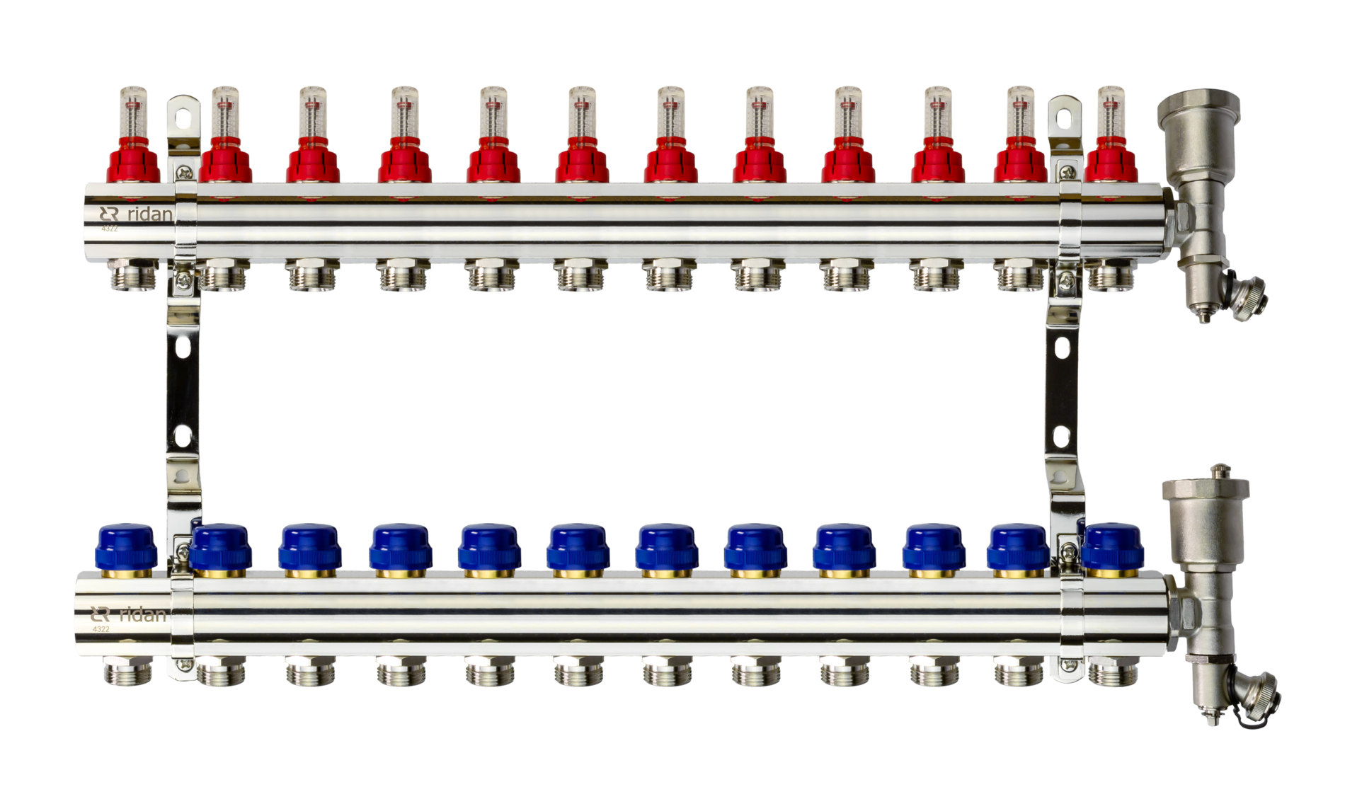 Коллекторная группа FHF-12RF set 12 контуров 1'x3/4' с расходомерами, воздухоотводчиками и кронштейнами