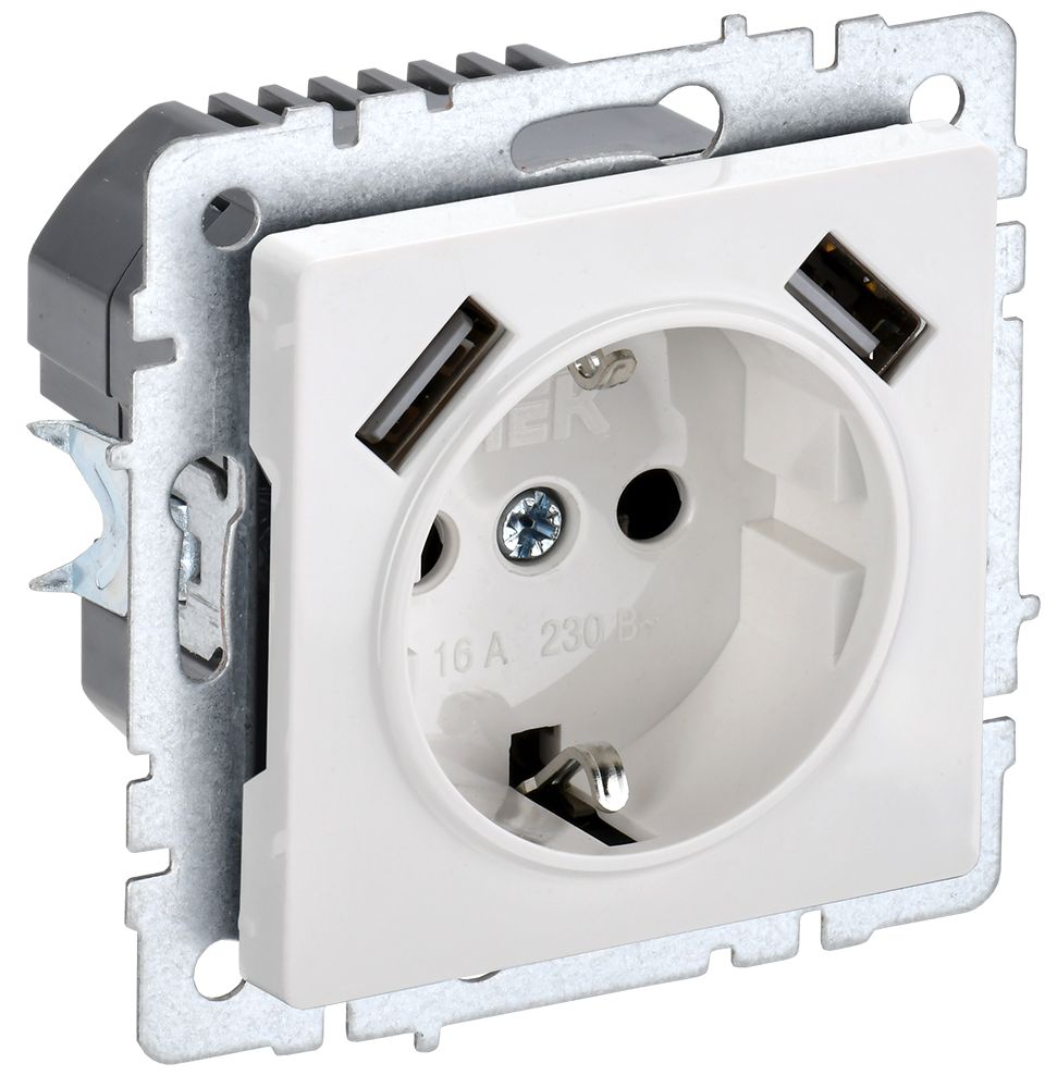 BRITE Розетка 1-местная с заземлением с защитными шторками 16А с USB A+A 5В 2,1А РЮш10-1-БрБ белый