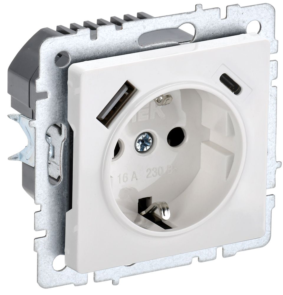 BRITE Розетка 1-местная с заземлением с защитными шторками 16А с USB A+C 18Вт РЮш11-1-БрБ белый