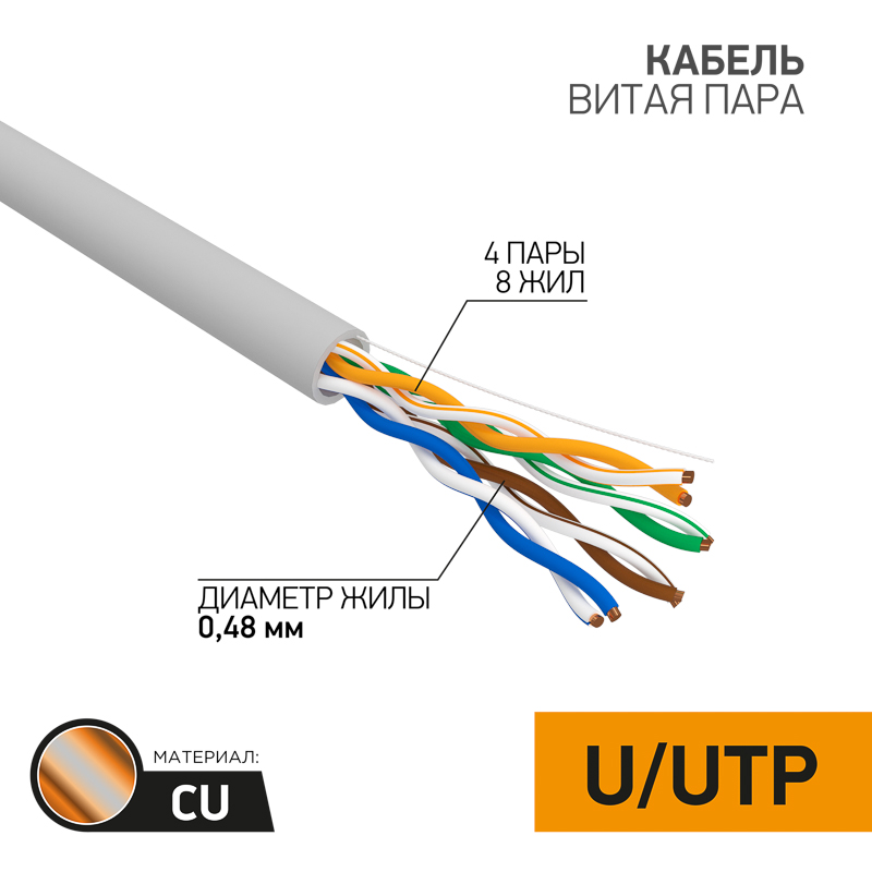 Витая пара U/UTP, CAT 5e, PVC, 4PR, 24AWG, INDOOR, SOLID, серый, 305м, серия LIGHT, РФ