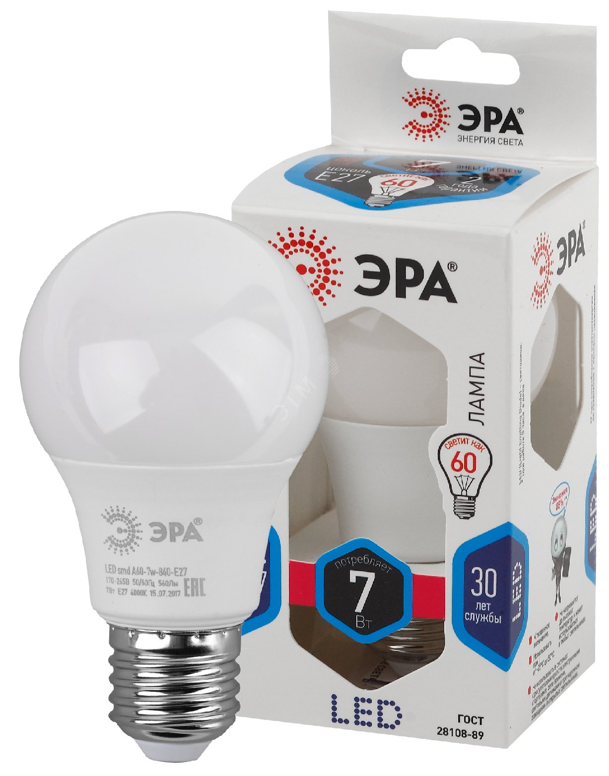 Лампа светодиодная LED 7 Вт 560Лм 4000К груша нейтральный E27 170-265В LED A60-7W-840-E27 Standart
