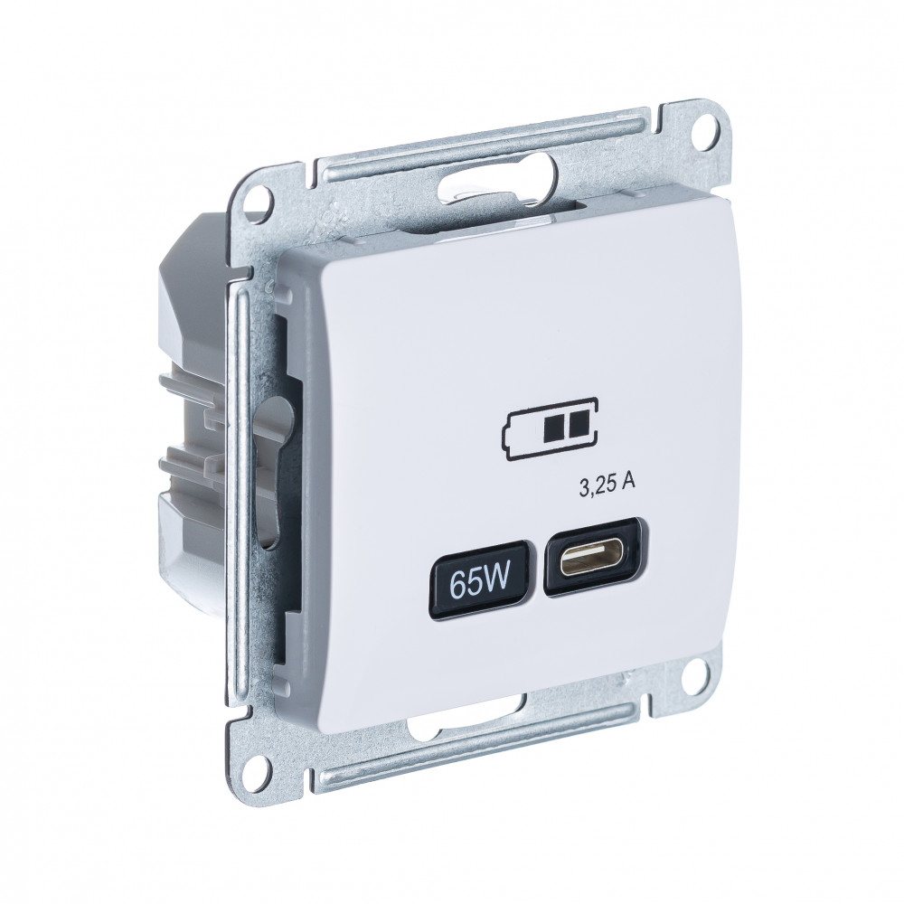 GLOSSA USB розетка тип-С 65W высокоскор.заряд. QC, PD, механизм, белый