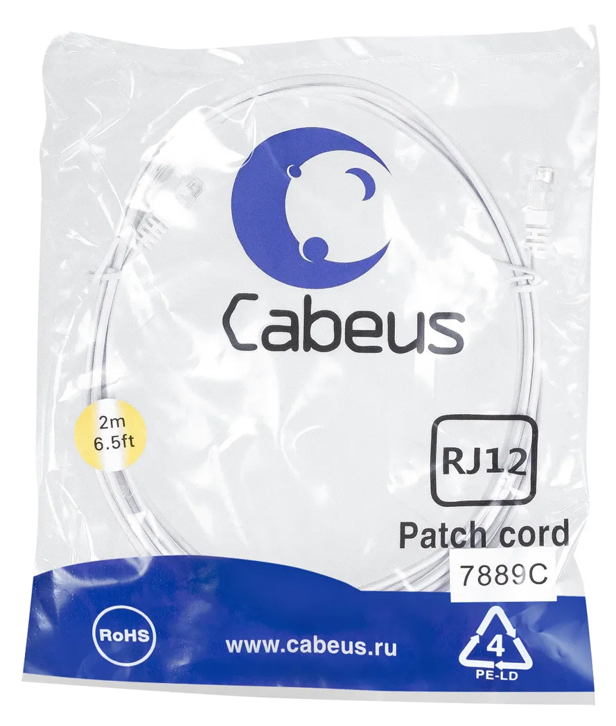 Патч-корд телефонный Rj-12 Cabeus PC-TEL-RJ12-2m