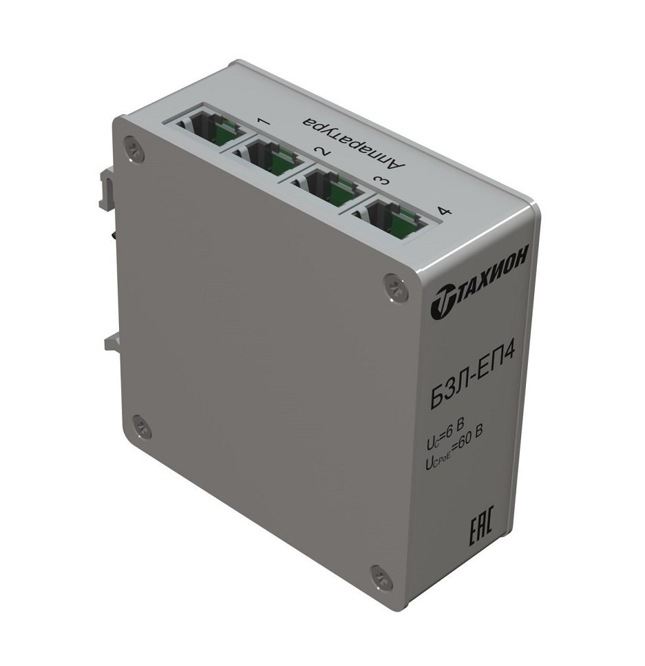 Блок защиты от импульсных перенапряжений 4-х портов локальной сети Ethernet 10 Base-T/100 Base-TX/1000 Base-T, PoE++, на DIN-рейку, IP20, (узип, грозозащита)